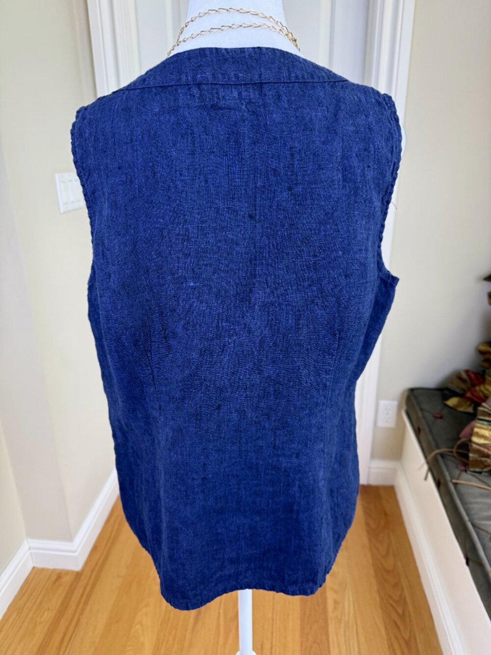 Flax Linen Top Dark Blue Sleeveless Scoop Neck (M) - Picture 4 of 8